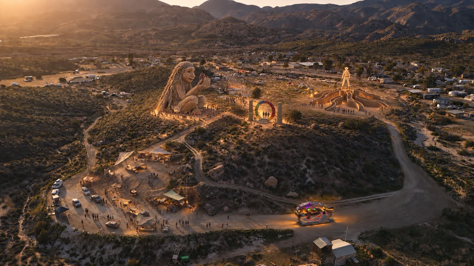 Illustrative future aerial placing a wooden monkey sculpture, rainbow portal, wooden Man labyrinth, gatherings, and an art car across the Colony grounds