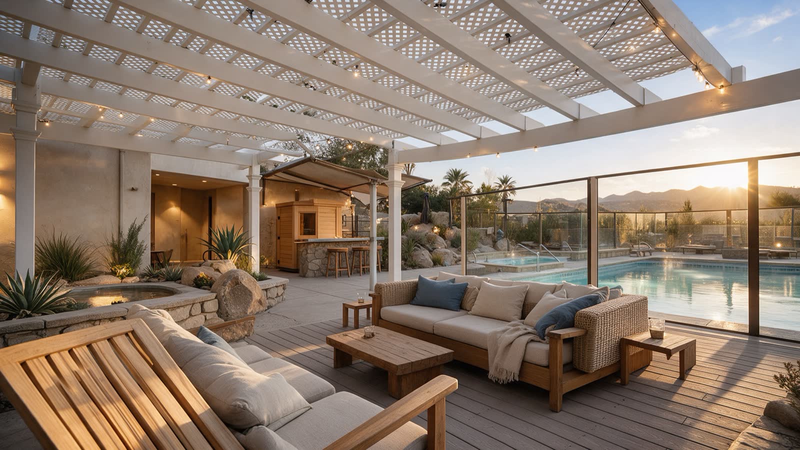 Illustrative social and thermal commons around the same existing pool