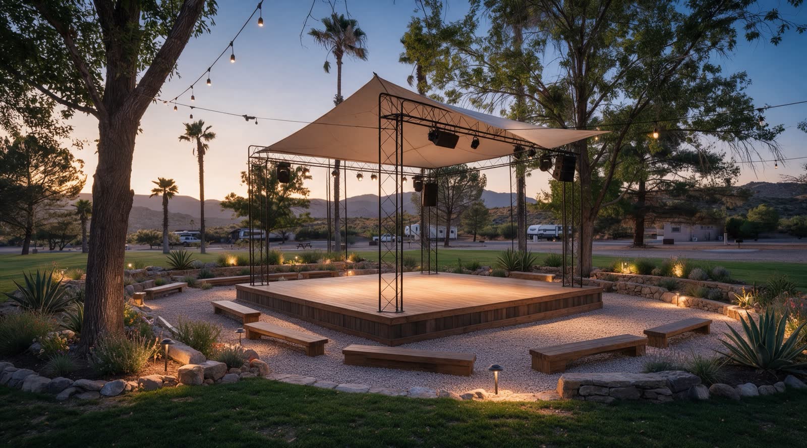 Illustrative concept showing the current stage upgraded as a shaded performance grove